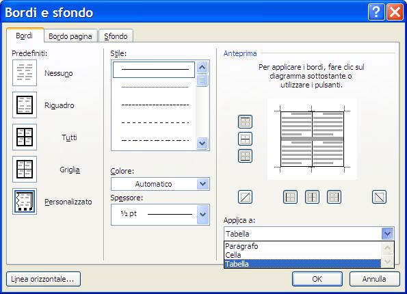 È possibile visualizzare la finestra Bordi e sfondo per impostazioni più dettagliate del bordo:
