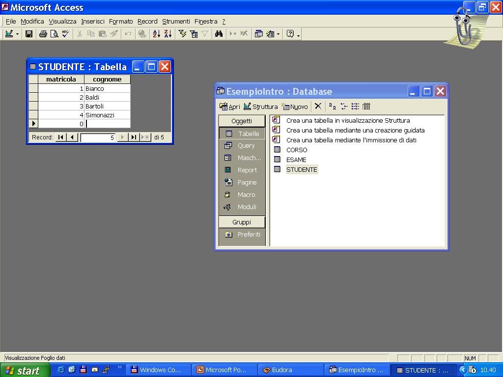 (Structured Query Language) CREATE TABLE ESAME( MATRICOLA INTEGER NOT NULL, NOME CHAR