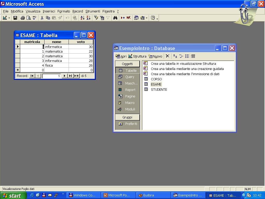 Tabella in Access Sistemi Informativi - Introduzione 19 Utilizzo del DataBase Le