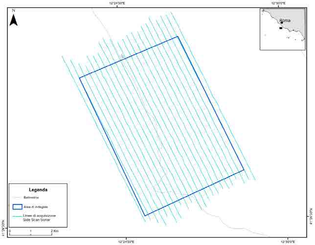 Figura 6 Linee di acquisizione dati Side Scan Sonar nell'area C2. Nell'Area C2 sono stati raccolti campioni di sedimenti superficiali in 17 stazioni.