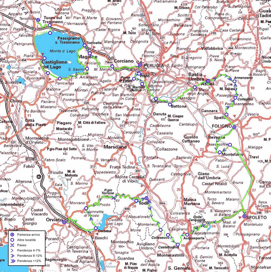 L Umbria in bicicletta I tappa: Terontola-Perugia lunghezza 82, km, dislivello m. II tappa: Perugia-Assisi lunghezza 43, km, dislivello m.