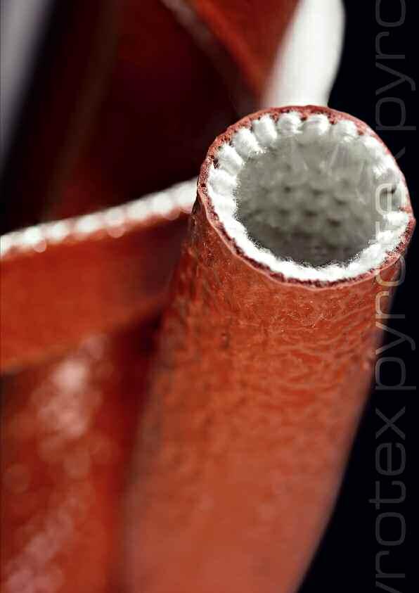 Pyrotex I manufatti tessili della linea Pyrotex sono realizzati con filati in fibra di vetro e rivestiti da un alto strato di goa rossa al silicone, che conferisce loro un elevato isolamento al