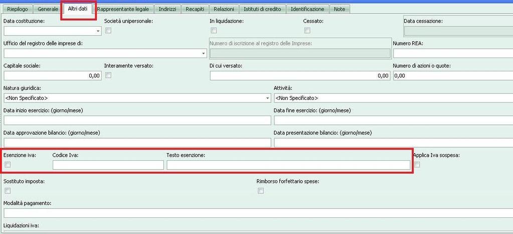 Esenzione IVA L emissione di fattura in regime di esenzione dell iva richiede la valorizzazione, nell anagrafica del cliente, sezione Altri dati, della relativa opzione.