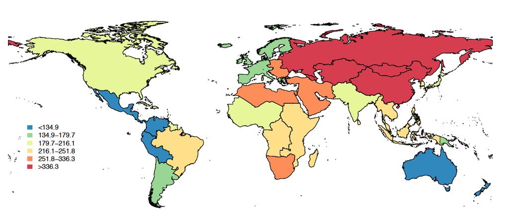 Age-adjusted stroke incidence rates per 100,000 person-years in GBD regions in 1990 & 2010 2010 Global