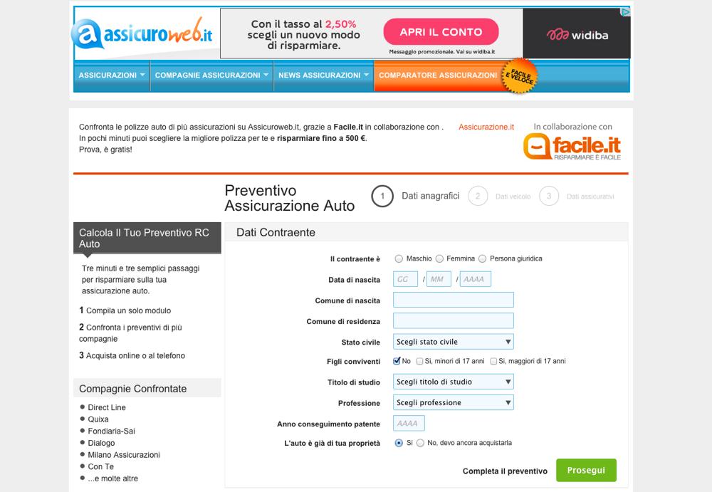 ASSICUROWEB Settore: Assicurativo Cliente: Assicuroweb.it Obiettivo: richiesta di preventivi.