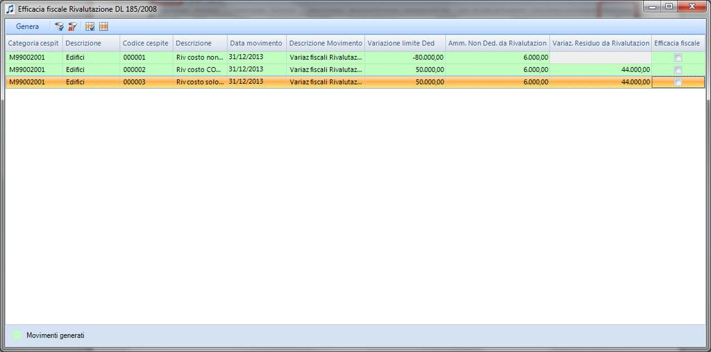 Al fine di generare il movimento di variazione occorre selezionare l opzione Efficacia fiscale e cliccare su Genera.