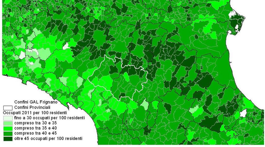 Percorso di definizione della Strategia di Sviluppo Locale 2014-2020 L occupazione Occupati per 100 residenti al 2011 Nella bassa montagna si toccano i