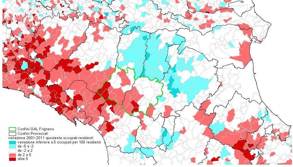 residenti La variazione del rapporto tra occupati e residenti mostra una tenuta tra il 2001 ed il 2011, con una crescita nei comuni più a sud.