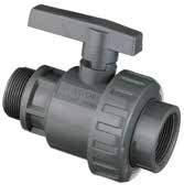 303 Valvola a sfera in PVC grigio per irrigazione e per trasporto acqua, monoghiera, con supporto libero. Guarnizioni in EPDM, sedi sfera in PE. Pressione di esercizio PN 16 a 20 C.