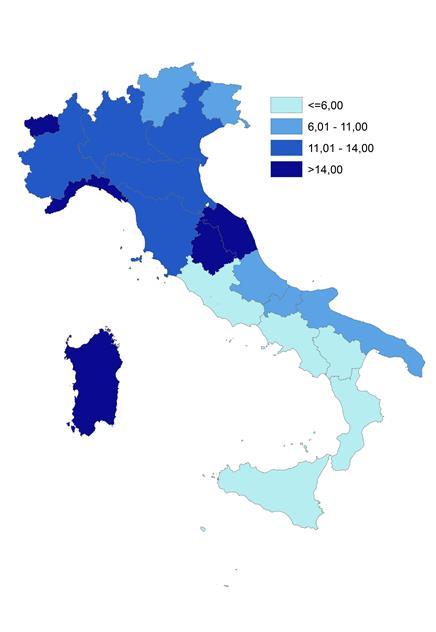 95 Distribuzione territoriale La distribuzione territoriale dei tassi di ospedalizzazione per ricoveri con diagnosi principale droga correlata mostra come i valori maggiori, unitamente alla Sardegna,