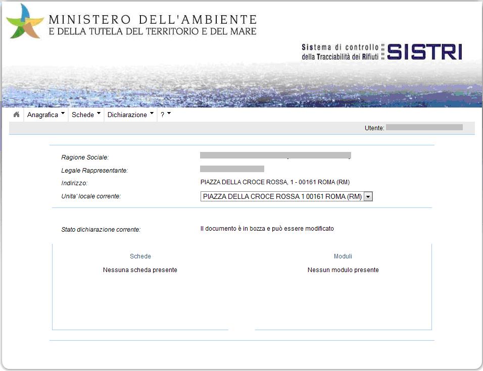 FIGURA 9 Scheda Riassuntiva 3.1.1.1 AGGIUNGI UNITÀ LOCALE SISTRI Quando si effettua un accesso al sistema vengono visualizzati i dati dell Azienda e dell Unità Locale di afferenza dell utente.