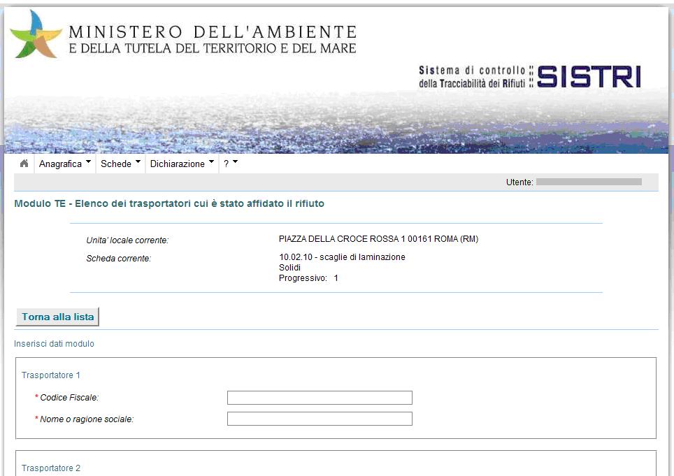 FIGURA 35 - MODULO TE Elenco dei trasportatori cui è stato affidato il rifiuto Guida per l