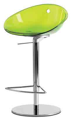 Swivel, with gas lift device, Gliss bar stool is available in transparent colours (orange, green, fume, clear) or full colours (white, red, black).