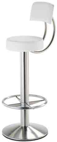 Papusso swivel bar stool, polished or brushed stainless steel base, chromed steel or brushed steel column and footrest. Available with upholstered seat and back or with beech back. Art.