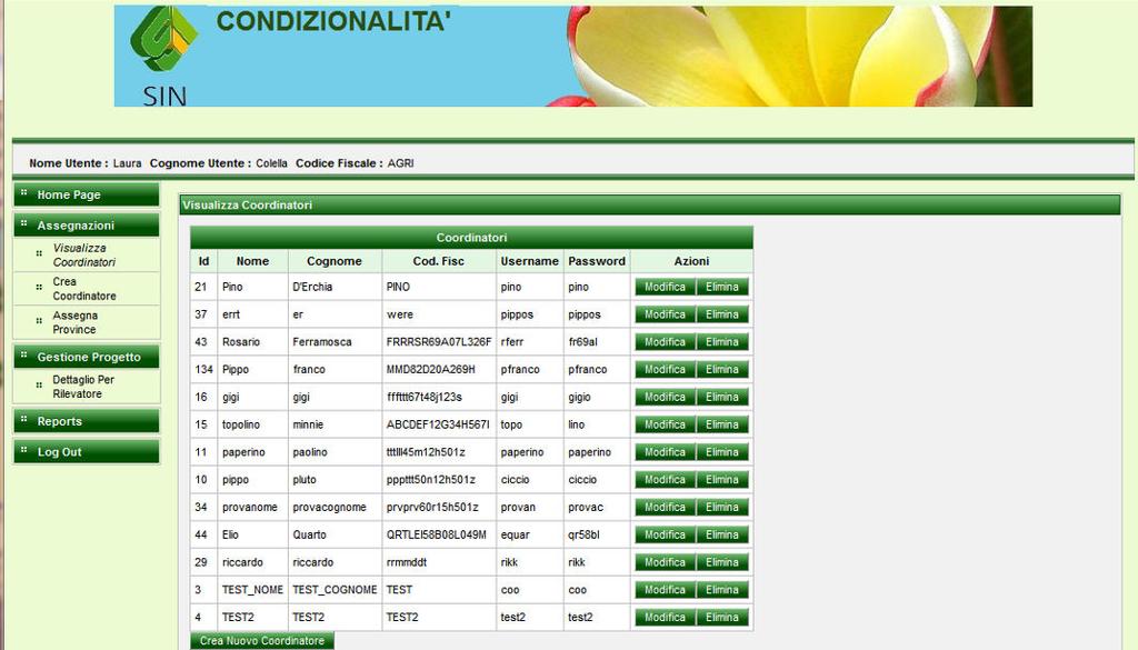 Figura 2: Schermata di Creazione Coordinatore 2.2.2 Visualizza Coordinatori La sezione Visualizza Coordinatori consente di visualizzare la lista dei coordinatori creati fino a quel momento ed i relativi dati (Nome, Cognome, C.