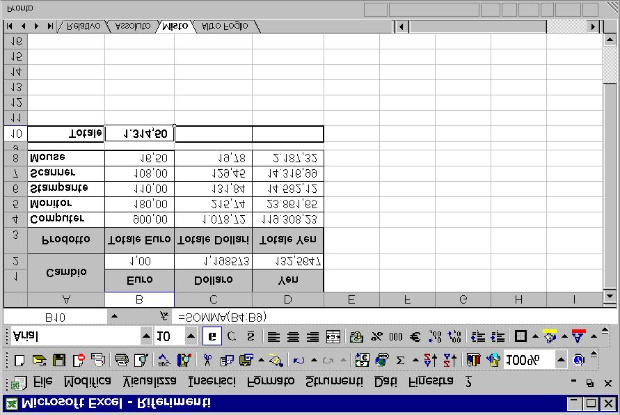 Sommario P. Casella M. Martinelli G. Vasarelli Figura 84: La funzione "Somma" Come possiamo vedere dall esempio di Figura 84, Excel ha inserito la formula nella cella che avevamo scelto.