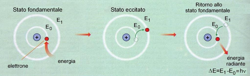 Il modello di Bohr (1913) Quando viene somministrata all atomo energia, gli elettroni passano dallo stato fondamentale (E 0 ) ad orbite permesse a più alta energia (E 1 ): assorbimento In queste