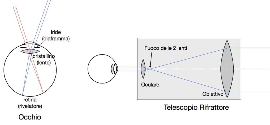 Figura 17: Configurazione schematica dell occhio (sinistra) e di un telescopio rifrattore (destra) ovvero che utilizza la rifrazione della luce tramite lenti per formare immagini.