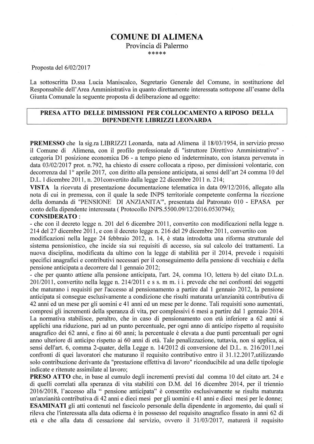 COMUNE DI ALIMENA Provincia di Palermo {<*{.rl<* Proposta del610212017 La sottoscritta D.