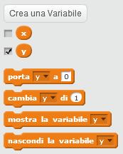 I blocchi delle variabili Il blocco della variabile: a sinistra il quadratino per attivare/disattivare la visualizzazione nello stage Utilizzato per l inserimento e la modifica dei dati Incrementa la