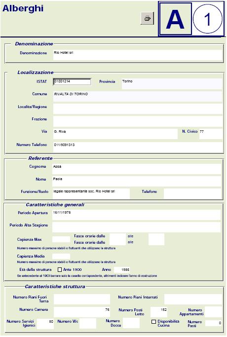 Cliccando ad esempio sulla prima voce A ALBERGHI verrà proposta la maschera dalla quale sarà possibile visualizzare, modificare o inserire nuovi dati per quella tipologia (Figura 2-4).