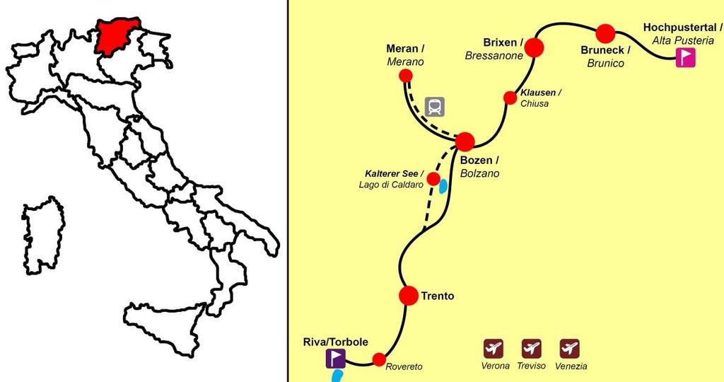 Le biciclette poi punteranno verso Bolzano, capoluogo dell Alto Adige, dove potete visitare il famoso Ötzi. Dopo raggiungete la città termale di Merano con la sua atmosfera mediterranea.