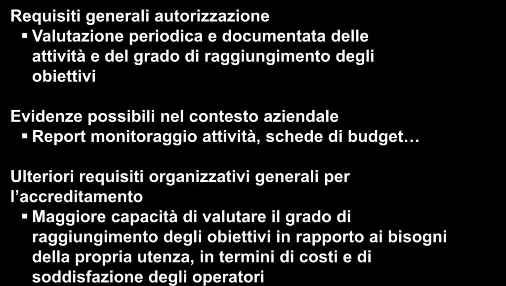 2 Programmazione e controllo gestionale Requisiti generali autorizzazione Valutazione periodica e documentata delle attività e del grado di raggiungimento degli obiettivi Evidenze possibili nel