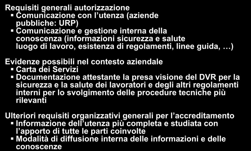 3 Informazione e comunicazione Requisiti generali autorizzazione Comunicazione con l utenza (aziende pubbliche: URP) Comunicazione e gestione interna della conoscenza (informazioni sicurezza e salute