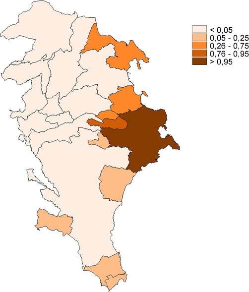 Uso problematico di sostanze psicoattive nella popolazione Grafico 2.6: Utenti alcoldipendenti, mappatura delle probabilità a posteriori. Anno 2005.