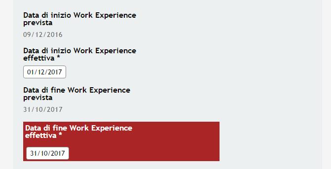 Figura 12 - Dettaglio Errore inserimento Data Inizio La Data di Fine Effettiva Work Experience non può essere antecedente alle date