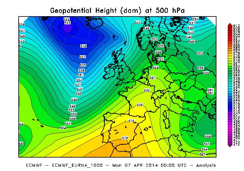 Figura 4a Altezza di geopotenziale a 500 hpa alle ore 00 UTC del 7 Aprile 2014. Elaborazione ARPA Piemonte su dati ECMWF.