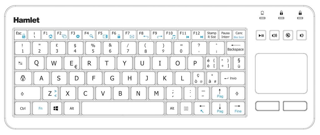 Layout della tastiera La tastiera presenta un layout QWERTY a 80 tasti basato sulla lingua Italiana ed integra un touchpad con due tasti per il controllo del puntatore e l utilizzo dei pulsanti del