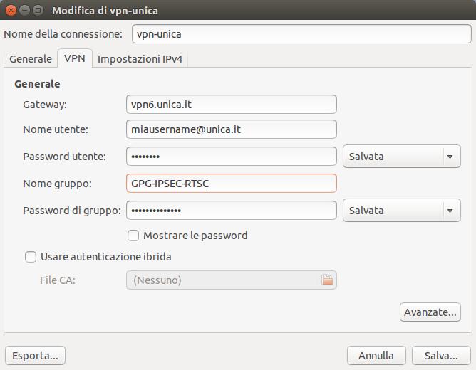 Configurazione su Linux IPSEC tramite vpnc *** NOTA BENE *** Questa configurazione è stata testata con Ubuntu Desktop 14.0.4.3 LTS 64 bit ed ambiente grafico GNOME.