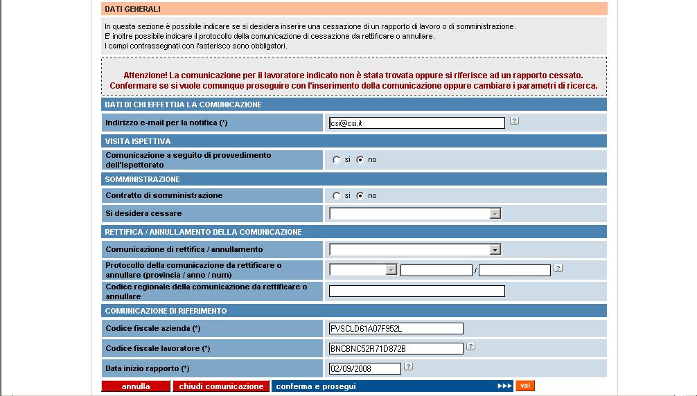 messaggio d errore NON BLOCCANTE: Proseguendo ugualmente dopo il messaggio d errore l applicativo, nonostante non sia presente una