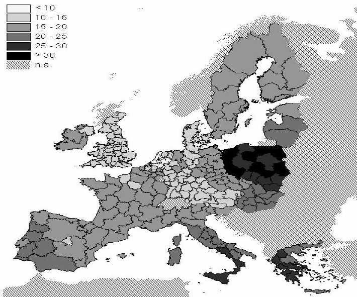 Politica di coesione europea: elementi di criticità e proposte di riforma (3) Le problematiche legate al Pil procapite Il livello di economia sommersa nelle regioni europee (in % sul Pil regionale).