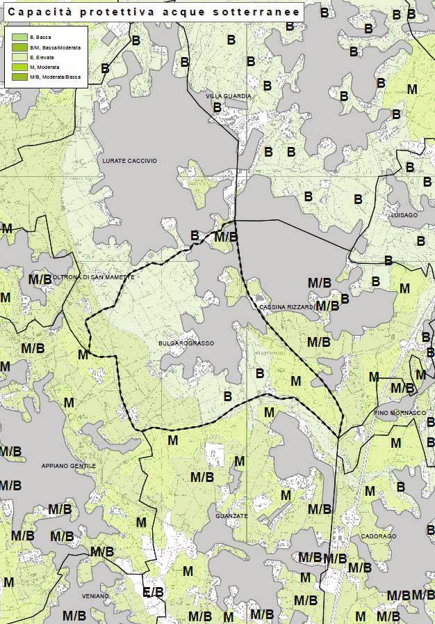 VAS 1 RAPPORTO AMBIENTALE VALUTAZIONE AMBIENTALE STRATEGICA Capacità protettiva acque sotterranee Nel comune di Bulgarograsso vengono identificate tre aree con capacità protettiva