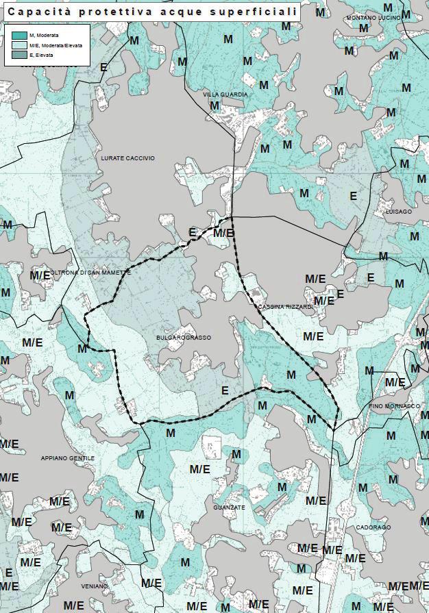 VAS COMUNE DI BULGAROGRASSO PROVINCIA DI COMO Capacità protettiva acque superficiali Nel comune di Bulgarograsso vengono identificate tre aree con capacità protettiva delle acque superficiali.