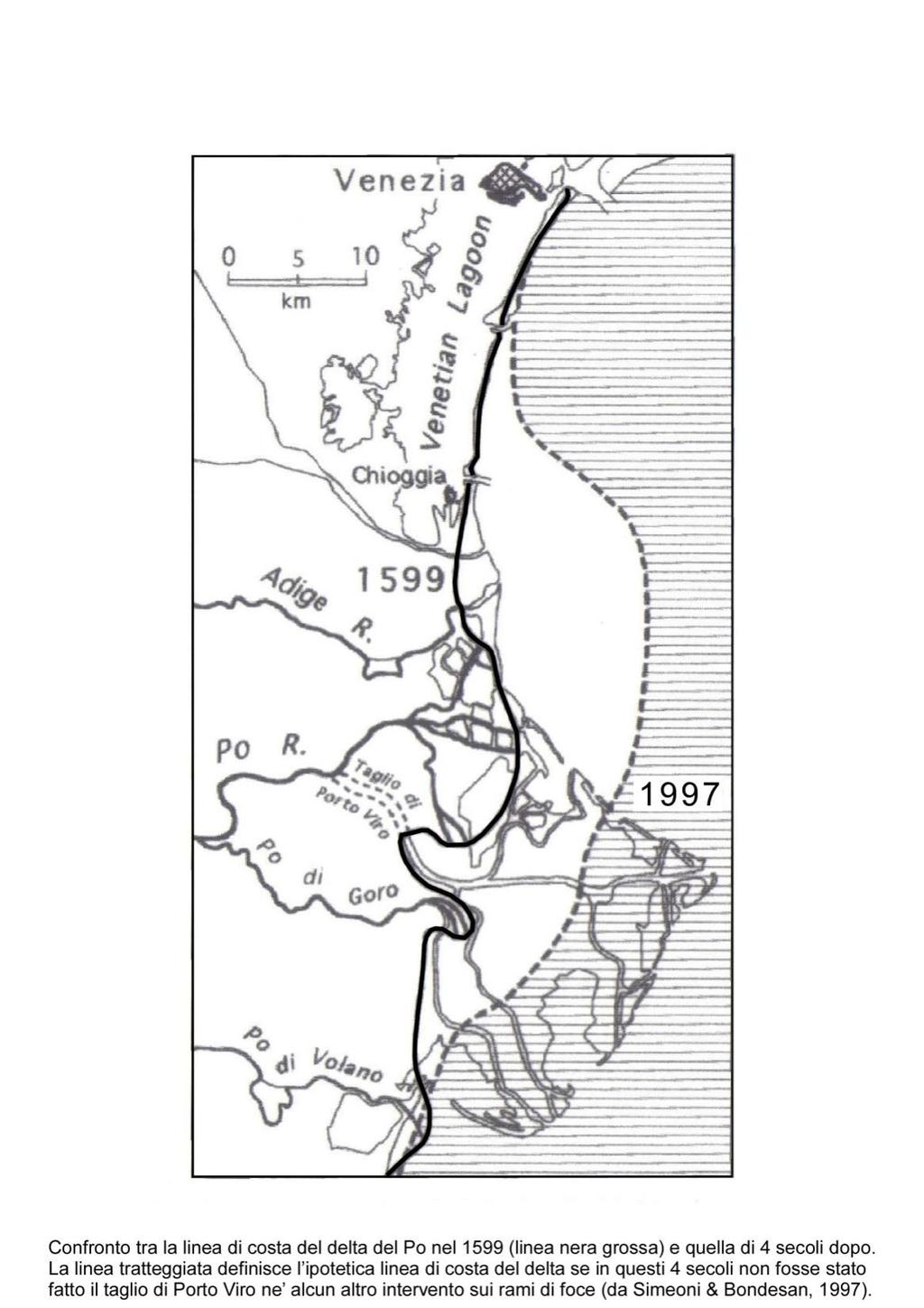 Confronto tra la linea di costa del delta del Po del 1599 (linea nera grossa) e quella che si sarebbe definita oggi, 4