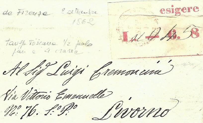 5) Da Firenze a Livorno, in data 2.10.1862, etichetta tipo D con valore L.