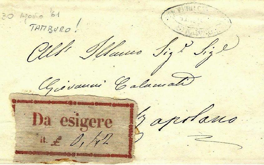SI.3) Da Sinalunga a Rapolano in data 30.8.1861 etichetta tipo A.1 con valore it. L.