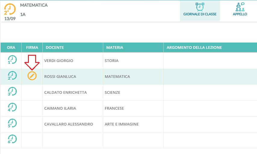 Cliccando semplicemente sull intera cella dell ora di lezione, il docente accederà al registro della classe, indipendentemente dal fatto che l ora sia firmata o meno.