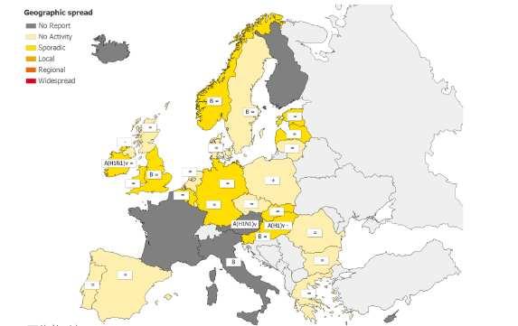 -, numero dei casi clinici in diminuzione +, numero dei casi clinici in aumento =, numero dei casi clinici non variato A(H1)v,