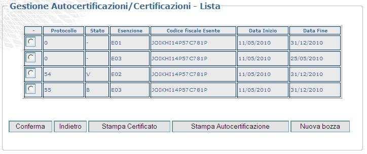 Risultato dell interrogazione Per ottenere il dettaglio selezionare la riga e premere il tasto Conferma 1 La funzione consente di: Individuare le certificazioni di esenzione dalle autocertificazioni