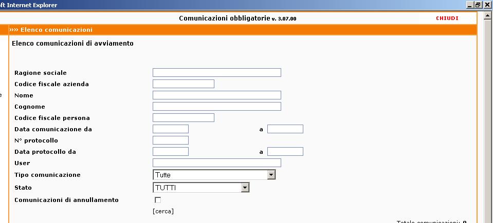 Utilizzando questa voce sarà visualizzata la pagina dove indicare i parametri di ricerca (fig.36). In elenco è visibile lo stato della comunicazione (fig. 36).