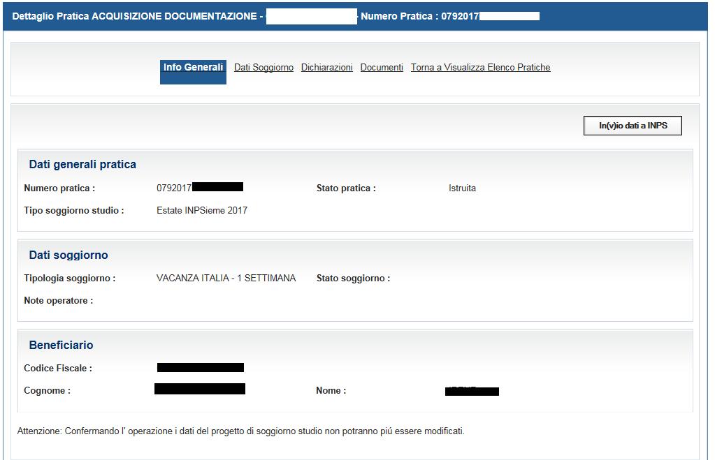 Pagina 8 3.2 INFO GENERALI All apertura della finestra vengono riepilogate le informazioni inerenti il soggiorno studio di cui si vuole allegare la documentazione.