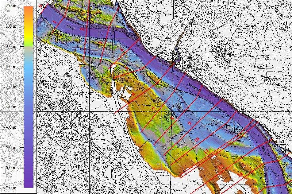 Nella figura di seguito riportata è rappresentata, a titolo di esempio, la soggiacenza del terreno rispetto alle quote del livello idrico della piena TR 200 anni, stimato nelle singole sezioni di