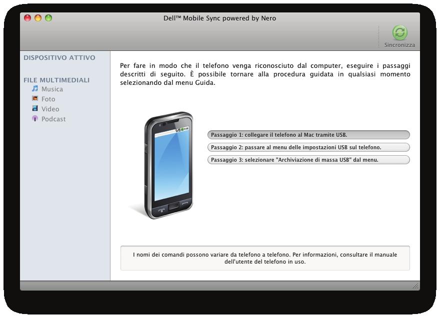 Finestra principale All'avvio di Dell Mobile Sync, viene visualizzata una schermata contenente informazioni dettagliate sul dispositivo connesso e correntemente selezionato.