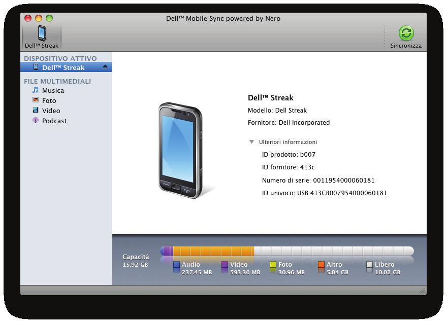 La finestra di Dell Mobile Sync include tre aree principali: Una barra degli strumenti nella parte superiore in cui sono visualizzati i dispositivi connessi e riconosciuti e il pulsante Sincronizza