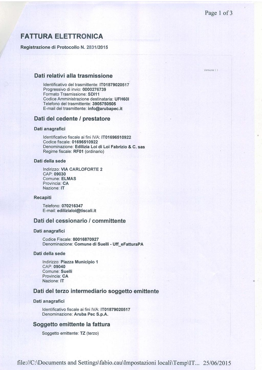 Page I of3 FATTURA ELETTRONICA Registrazione di Protocollo N.
