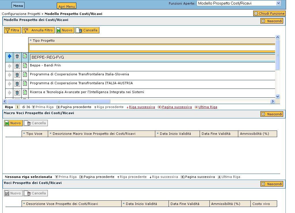 CASO 2. PROSPETTO COSTI/RICAVI CON MACROVOCI Cliccare su NUOVO Nel tendina presente sul campo Tipo Progetto selezionate il tipo progetto da voi caricato con il vostro nome e relativo a REG-FVG.